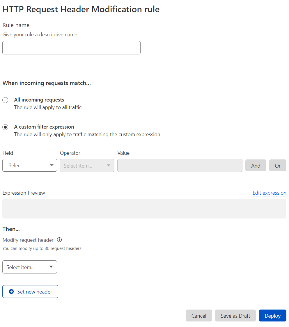 The HTTP Request Header Modification Rule creation page in the Cloudflare dashboard.