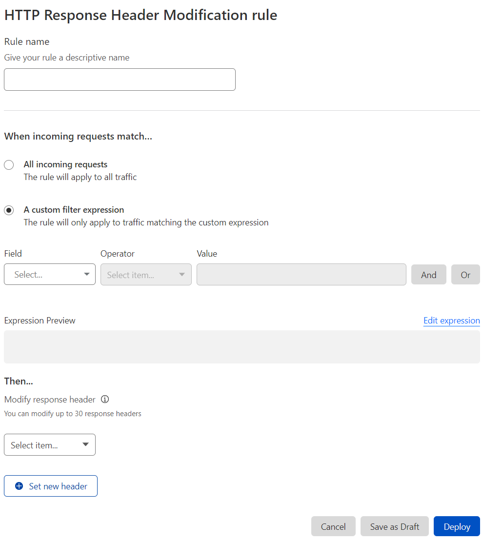 The HTTP Response Header Modification Rule creation page in the Cloudflare dashboard.