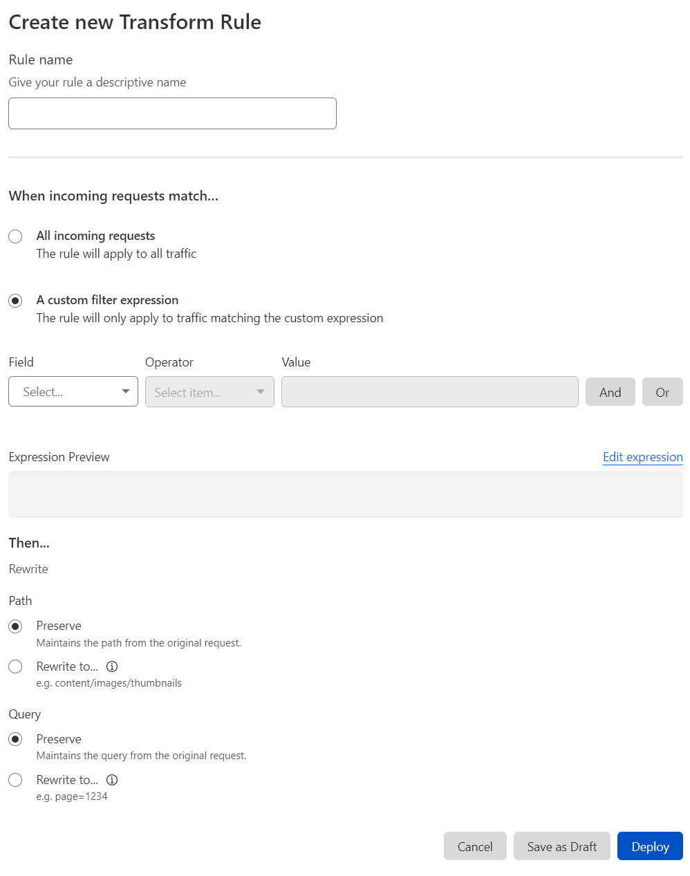 The URL Rewrite Rule creation page in the Cloudflare dashboard.