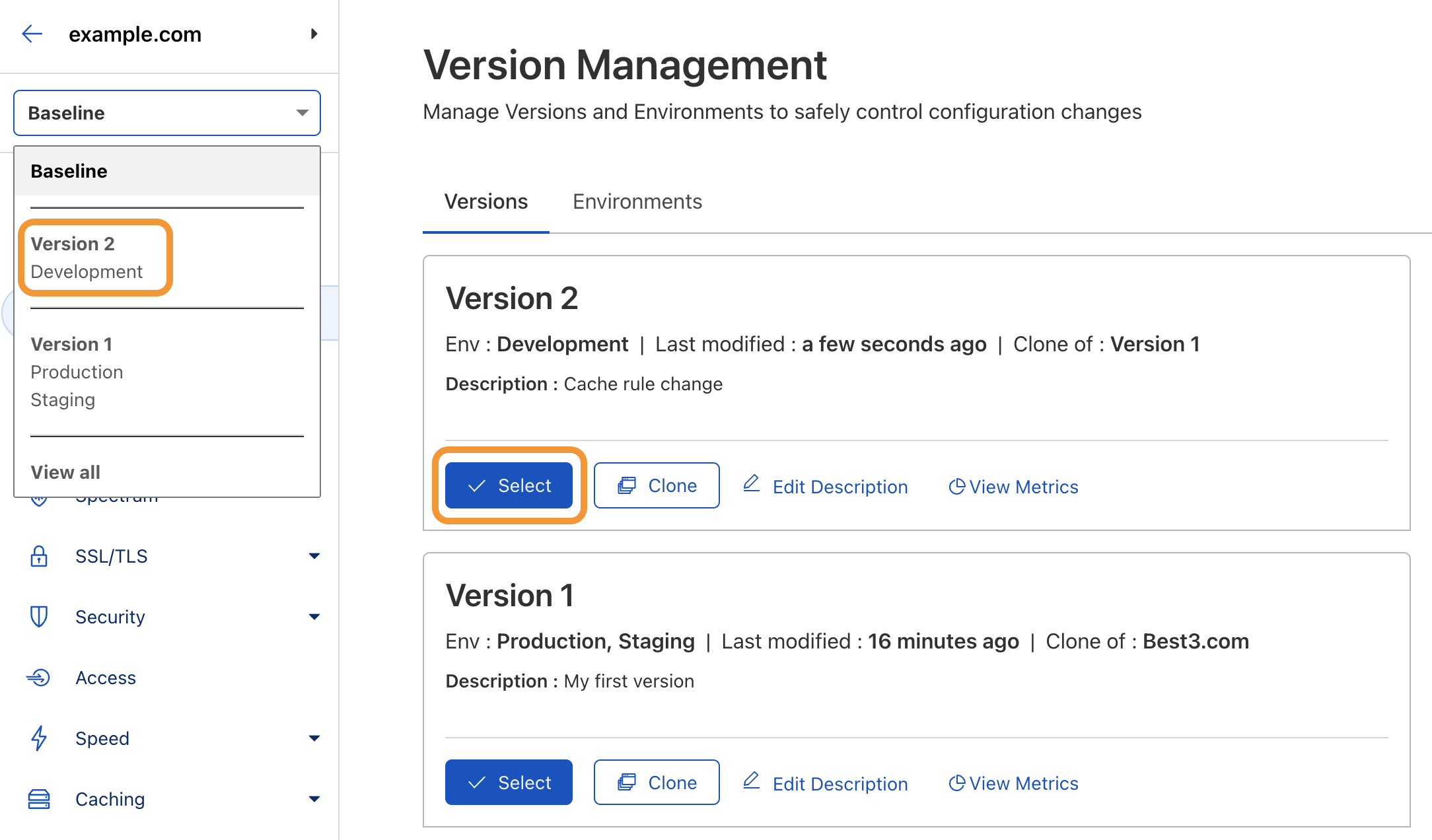 Select a version from the Versions page or the sidebar dropdown